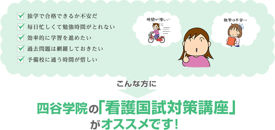「独学で合格できるか不安だ」「毎日忙しくて勉強時間がとれない」「効率的に学習を進めたい」「過去問題は網羅しておきたい」「予備校に通う時間が惜しい」こんな方に四谷学院の看護国試対策講座がオススメです！