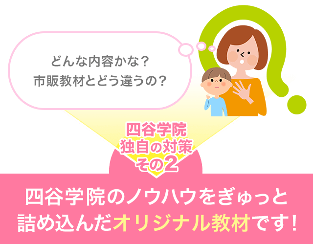 どんな内容なのかな？… 市販教材とどう違うの？ 四谷学院独自の対策その2 四谷学院のノウハウをぎゅっと詰め込んだオリジナル教材です！