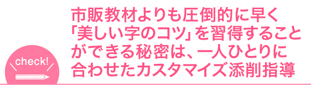 市販教材よりも圧倒的に早く「美しい字のコツ」を<br>習得することができる秘密は、一人ひとりに合わせたカスタマイズ添削指導