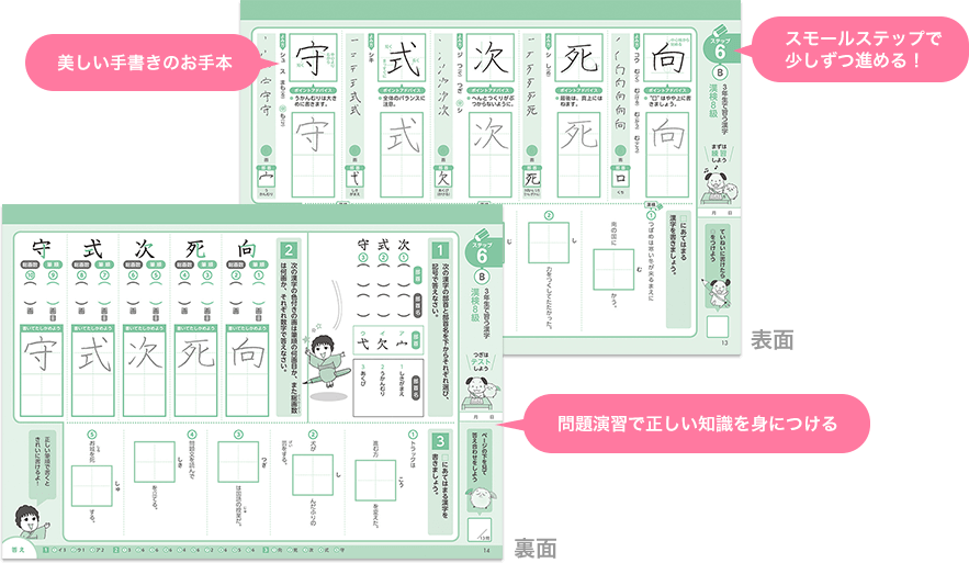 テキストの見本：スモールステップで少しずつ進める！美しい手書きのお手本。問題演習で正しい知識を身につける