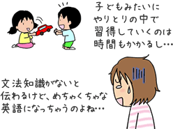 子どもみたいにやりとりの中で習得していくのは時間もかかるし…文法知識がないと伝わるけど、めちゃくちゃな英語になっちゃうのよね…
