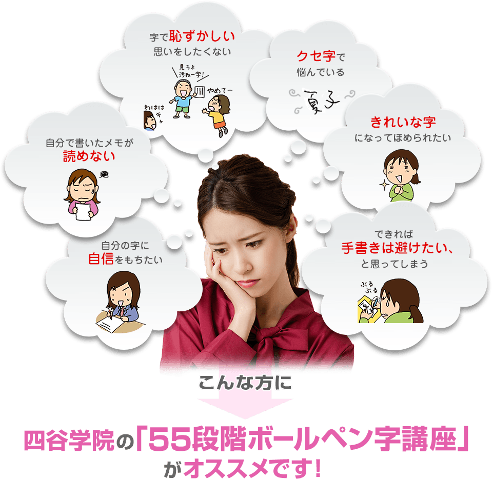 「字で恥ずかしい思いをしたくない」「クセ字で悩んでいる」「できれば手書きは避けたい、と思ってしまう」「自分の書いたメモが読めない」「きれいな字になってほめられたい」「自分の字に自信をもちたい」こんな方に四谷学院の55段階ボールペン字講座がオススメです！