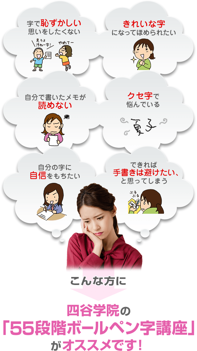 「字で恥ずかしい思いをしたくない」「クセ字で悩んでいる」「できれば手書きは避けたい、と思ってしまう」「自分の書いたメモが読めない」「きれいな字になってほめられたい」「自分の字に自信をもちたい」こんな方に四谷学院の55段階ボールペン字講座がオススメです！