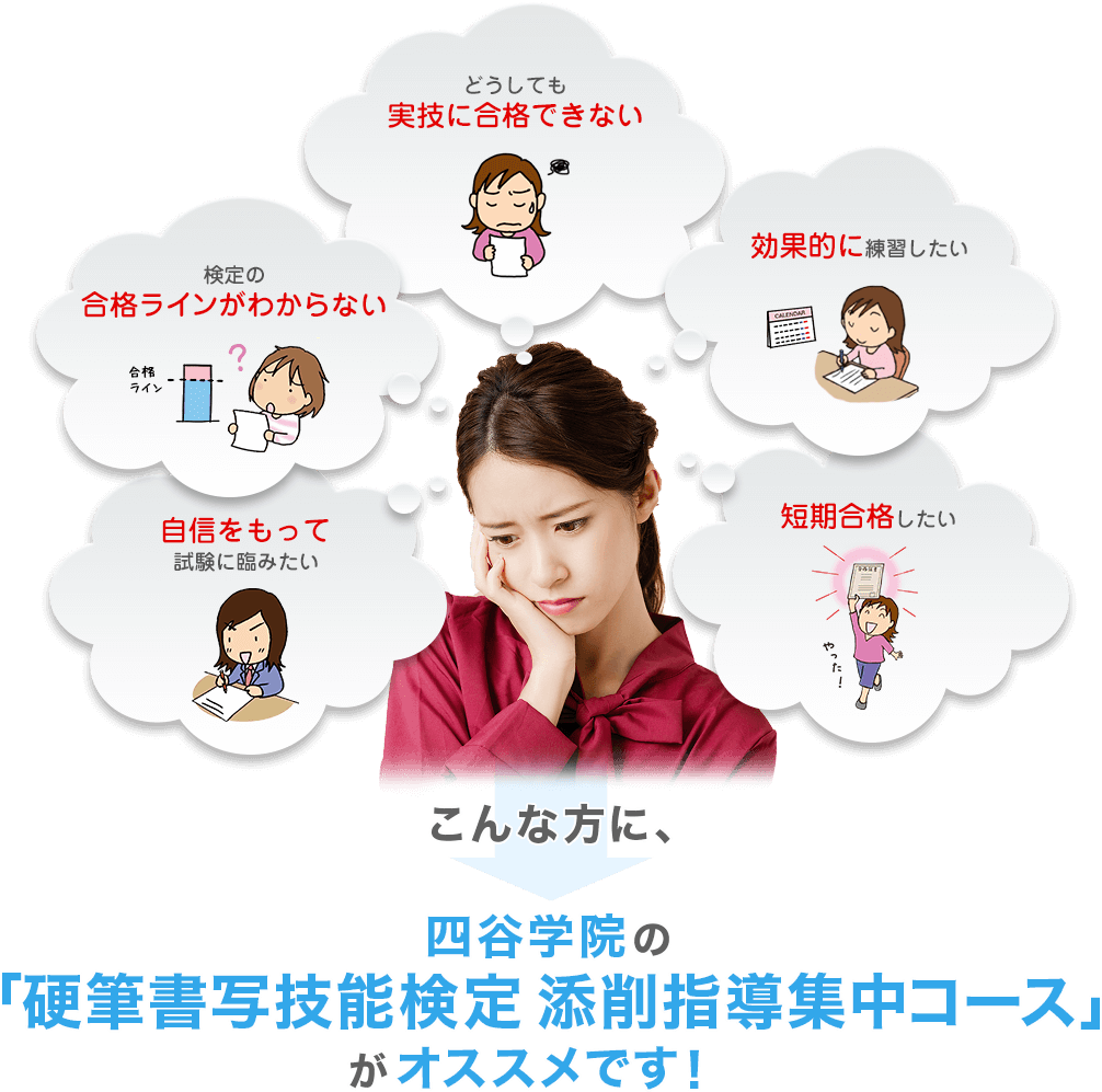 「どうしても実技に合格できない」「検定の合格ラインがわからない」「効果的に練習したい」「自信をもって試験に臨みたい」「短期合格したい」こんな方に、四谷学院の「硬筆書写技能検定 添削指導集中コース」がオススメです！