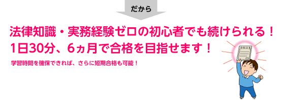 法律知識・実務経験ゼロの初心者でも続けられる！1日30分、6ヵ月で合格を目指せます！
