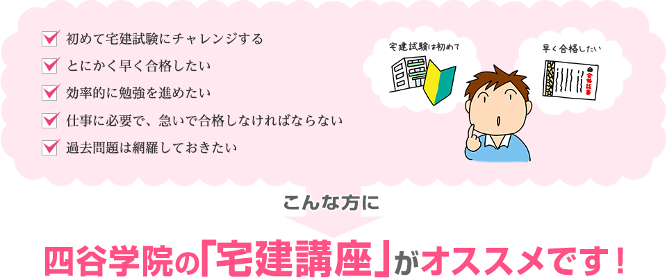 「初めて宅建試験にチャレンジする」「とにかく早く合格したい」「効率的に勉強を進めたい」「仕事に必要で、急いで合格しなければならない」「過去問題は網羅しておきたい」こんな方に四谷学院の宅建講座がオススメです！