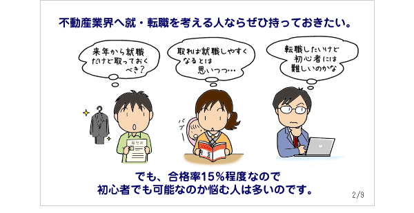 不動産業界へ就・転職を考える人ならぜひ持っておきたい。でも、合格率15％程度なので初心者でも可能なのか悩む人は多いのです。